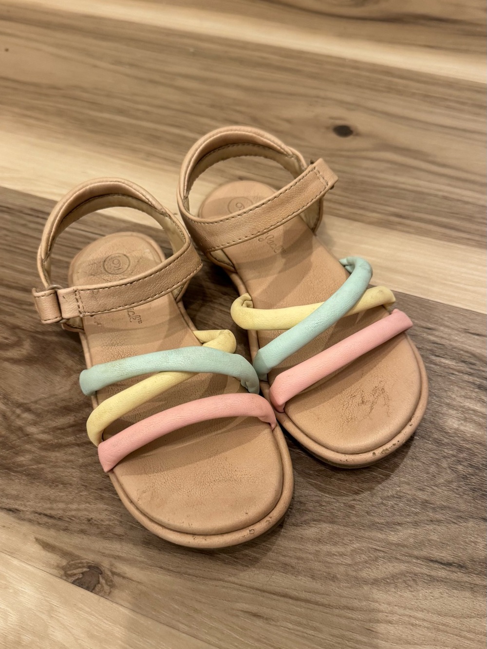 Cat & Jack Neutral Sandals with Pastel Pink, Yellow & Mint Straps